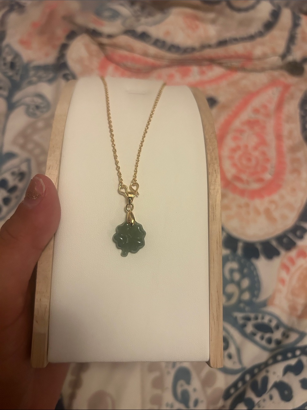 Gold Chain Necklace with Green clover jade  Pendant